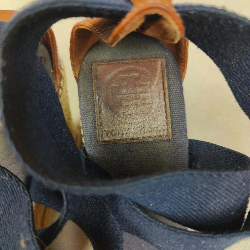 Tory Burch Frieda Espadrille Wedge‎ Sandals Womens 8.5B Navy Blue Strappy Beachy